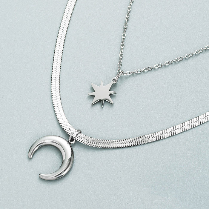 Collier Simple Double couche étoile lune en acier inoxydable, pendentif en os de serpent, bijoux en gros
