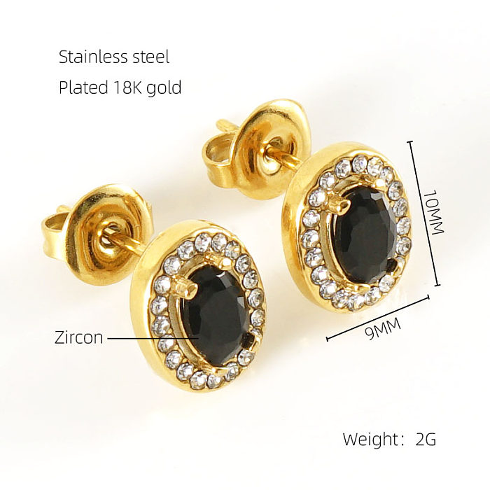 1 Pair Shiny Oval Stainless Steel  Inlay Zircon 18K Gold Plated Ear Studs