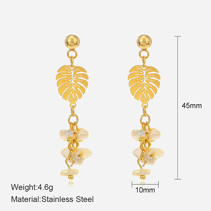 Fashion Leaves Flower Stainless Steel  Pearl Plating Drop Earrings 1 Pair