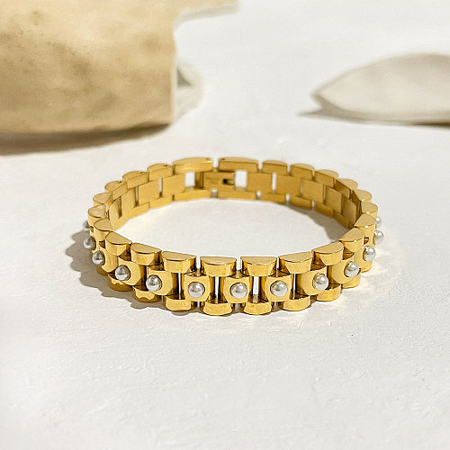 Venta al por mayor de pulseras de perlas artificiales chapadas en oro de 18 quilates con incrustaciones geométricas de acero inoxidable estilo Retro Hip-Hop al por mayor