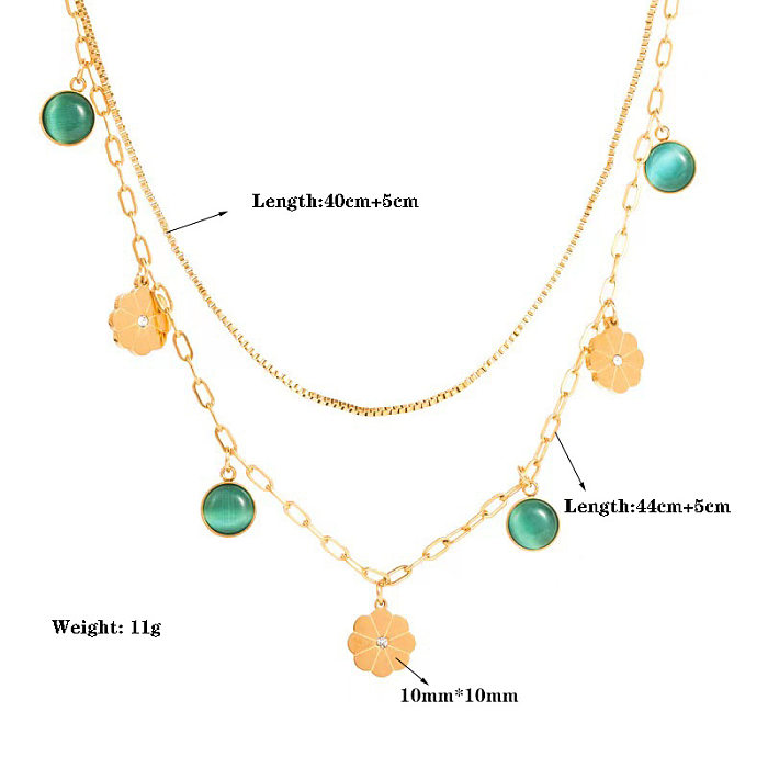 Einfache Pendel-Halsketten mit runder Blume und Intarsien aus Edelstahl mit türkisfarbenem Opal und Zirkon