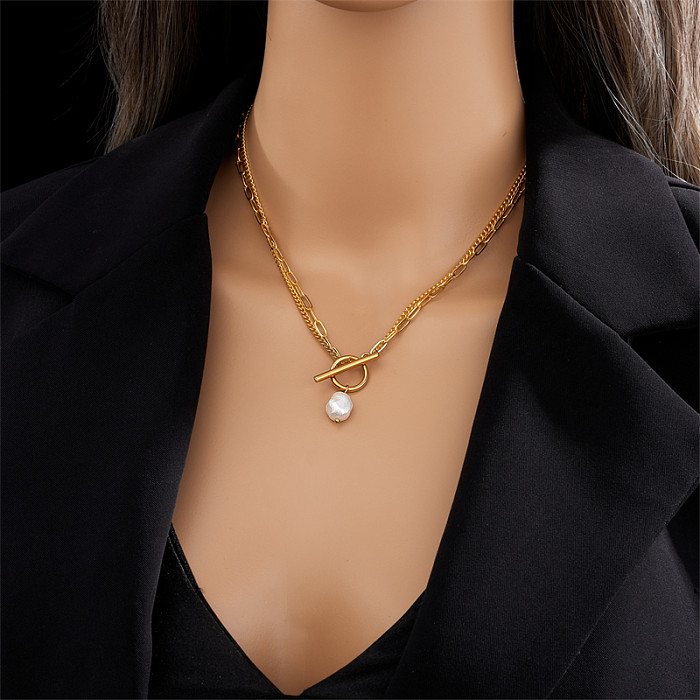 Collier avec pendentif en perles artificielles plaqué or en acier inoxydable géométrique de base