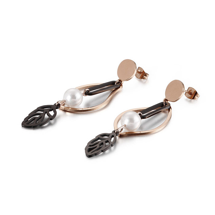Boucles d'oreilles en forme de feuille de perle en acier inoxydable, bijoux à la mode, vente en gros