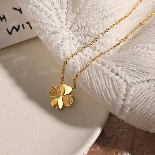 Sweet Four Leaf Clover Stainless Steel Plating 18K Gold Plated Pendant Necklace