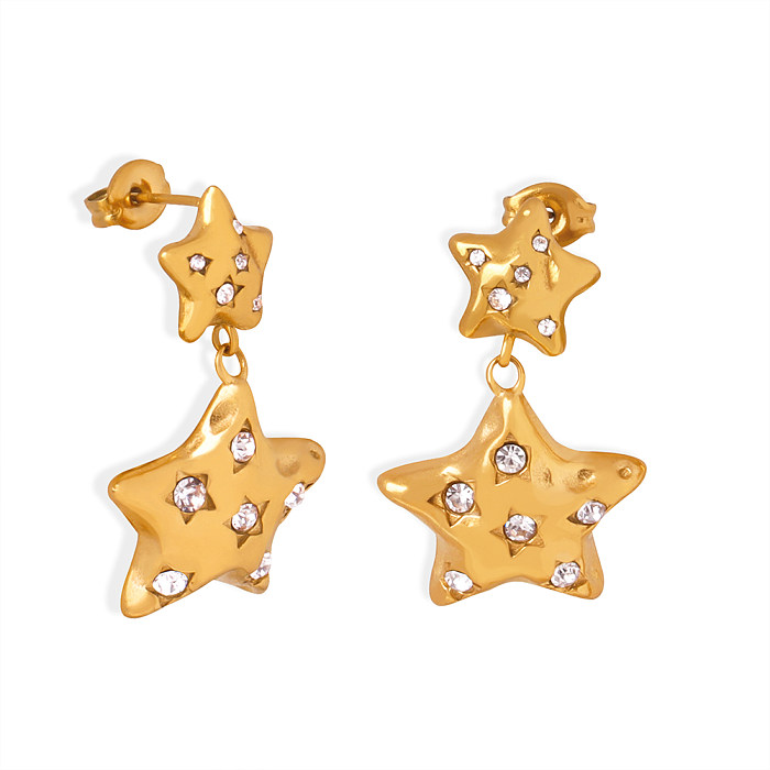 1 par de luxuosos pentagramas revestidos com strass de aço inoxidável brincos banhados a ouro 18K