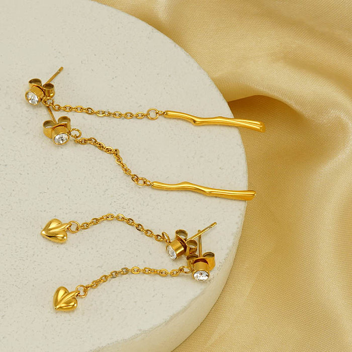 1 par elegante borla forma de coração chapeamento incrustação de aço inoxidável zircão 18K brincos banhados a ouro