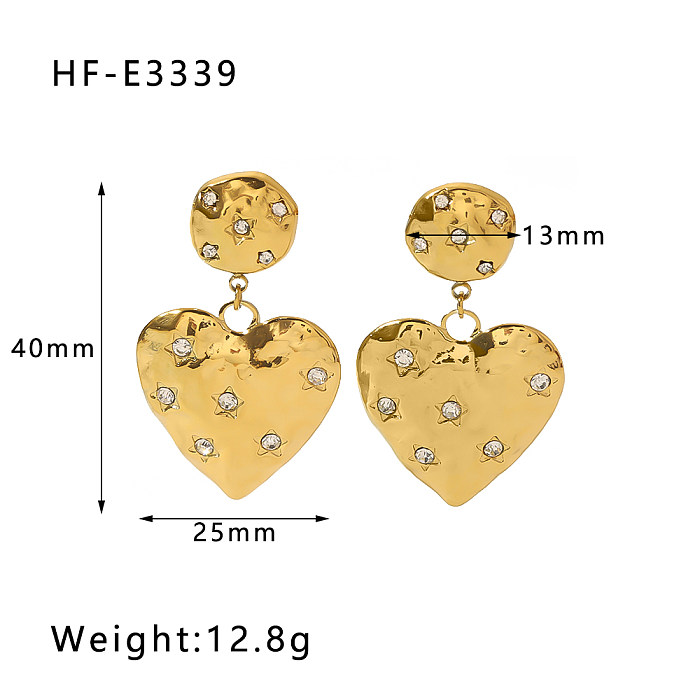 Boucles d'oreilles pendantes en forme de cœur, 1 paire, incrustation de polissage en forme de cœur, en acier inoxydable, Zircon plaqué or 18 carats
