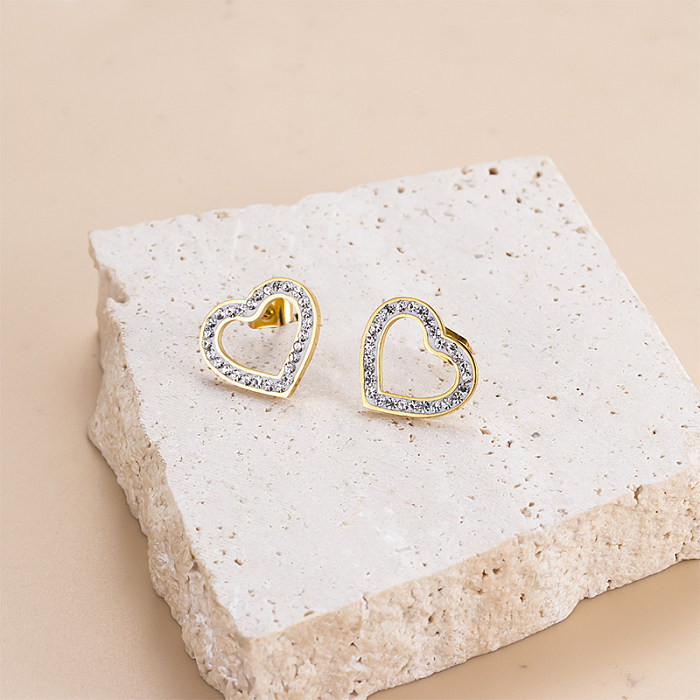 Luxurious Shiny Oval Water Droplets Heart Shape Stainless Steel  Inlay Zircon Ear Studs