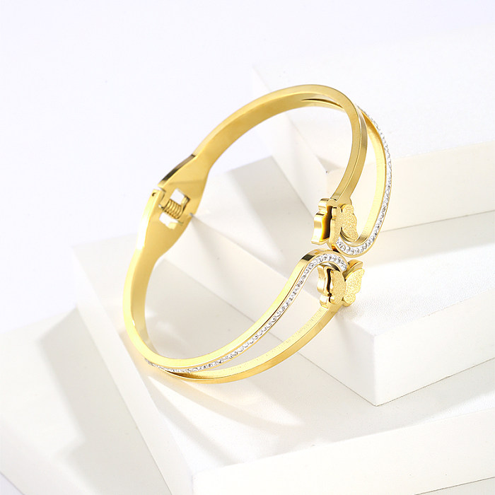 Simple Style Commute Butterfly Stainless Steel Inlay Artificial Gemstones Bangle