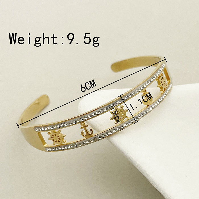 Navy Style Modern Style Rudder Anchor Stainless Steel Plating Hollow Out Inlay Artificial Diamond Gold Plated Cuff Bracelets