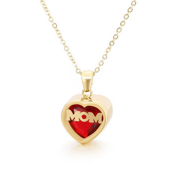 1 Piece MAMA Simple Style Heart Shape Stainless Steel Inlay Birthstone Zircon Pendant Necklace