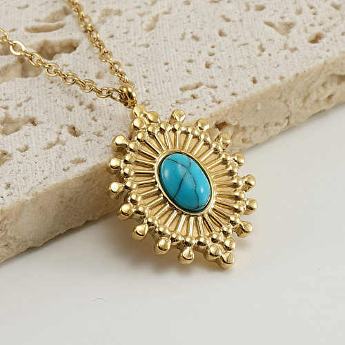 Collier pendentif ovale en acier inoxydable, 1 pièce, Style Simple, incrustation de placage en acier inoxydable, Turquoise