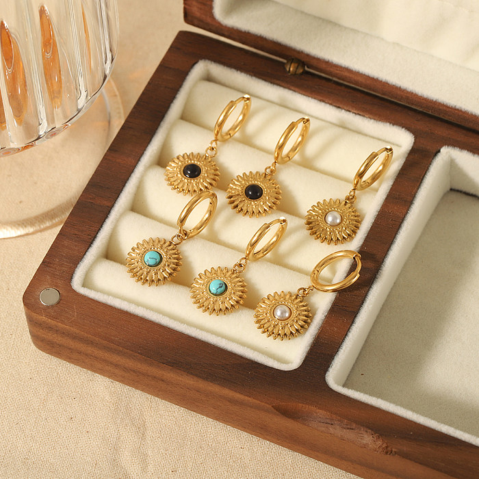 1 Paar schlichte Sonnenblumen-Ohrringe mit runder Polierbeschichtung und Inlay aus Edelstahl mit künstlichen Edelsteinen und 18 Karat vergoldeten Tropfenohrringen