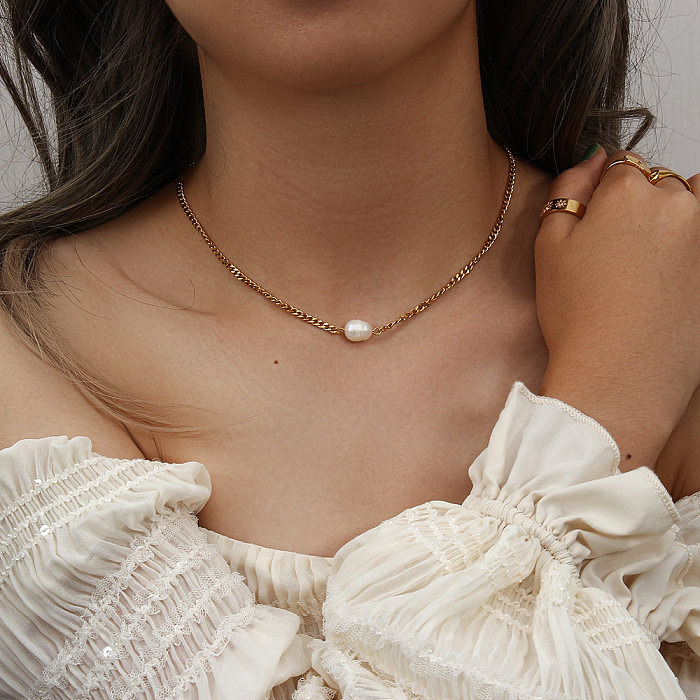 Collar geométrico elegante de acero inoxidable con incrustaciones de perlas artificiales Collares de acero inoxidable