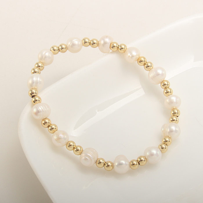 Bracelets plaqués or 18 carats avec perles artificielles en acier inoxydable, bloc de couleurs géométriques de style simple