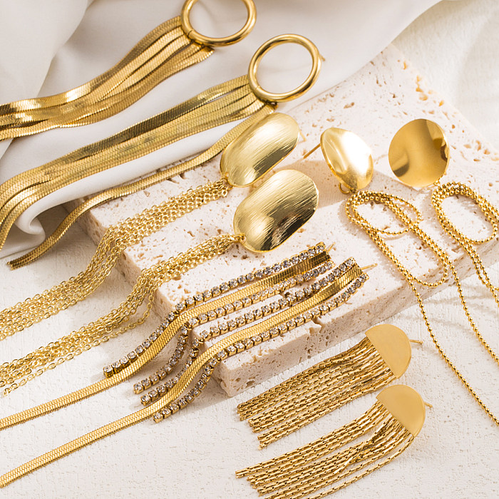 1 Paar elegante, luxuriöse runde Quasten-Ohrringe mit einfarbiger Beschichtung und Ketteneinlage aus Edelstahl mit Zirkon und 18 Karat vergoldet