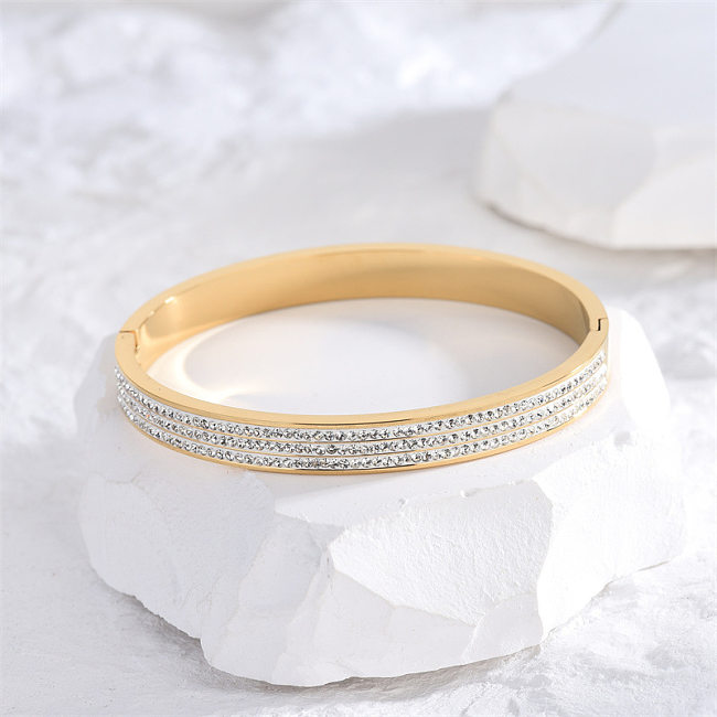 Elegant Simple Style Oval Titanium Steel Polishing Plating Inlay Rhinestones 18K Gold Plated Bangle