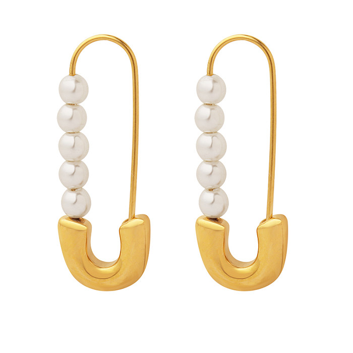 INS Style Paper Clip Stainless Steel Hoop Earrings Pearl Plating Stainless Steel  Earrings 1 Pair