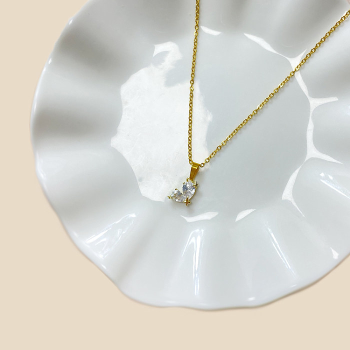 Collier pendentif en forme de cœur en acier inoxydable, placage époxy, incrustation de strass, Zircon, plaqué or blanc, plaqué or