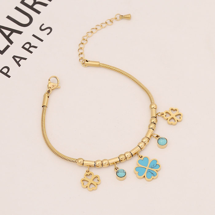 Fashion Four Leaf Clover Heart Shape Stainless Steel Plating Inlay Turquoise Bracelets 1 Piece