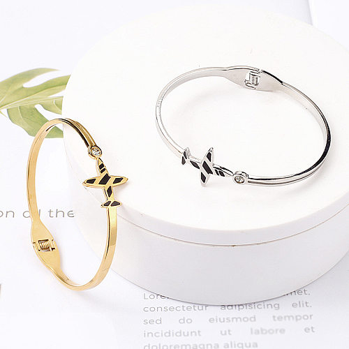 Simple Style Airplane Stainless Steel Enamel Plating Inlay Zircon 18K Gold Plated Bangle