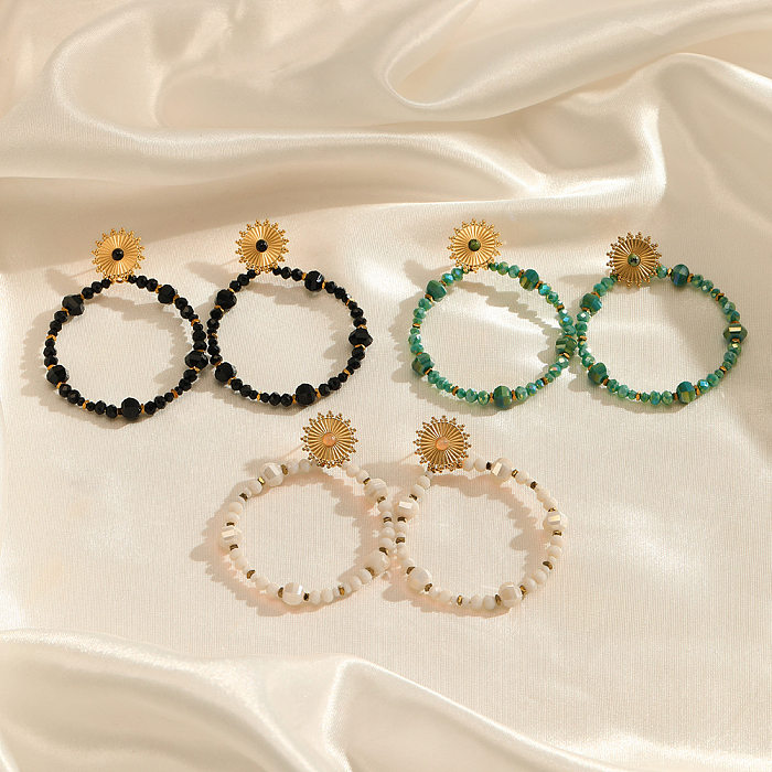 Boucles d'oreilles pendantes en acier inoxydable, Style ethnique, cercle soleil, perles faites à la main, incrustation de pierre naturelle, 1 paire