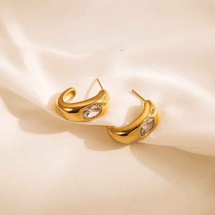 Pendientes colgantes de circonita con incrustaciones chapadas en oro de acero inoxidable cuadrado en forma de C a la moda, 1 par