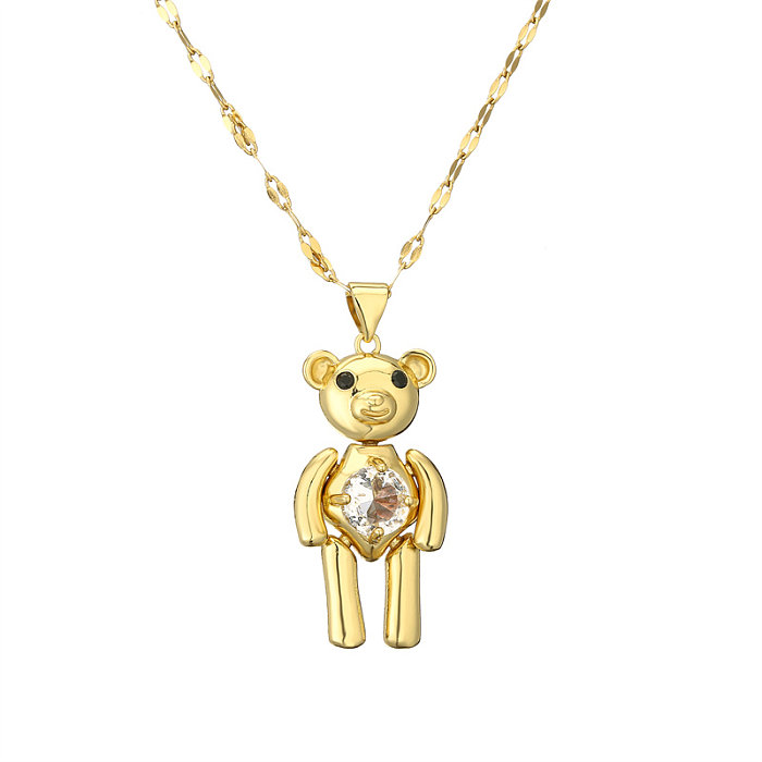 Cartoon Style Cute Little Bear Stainless Steel  Copper Plating Inlay Zircon Gold Plated Pendant Necklace