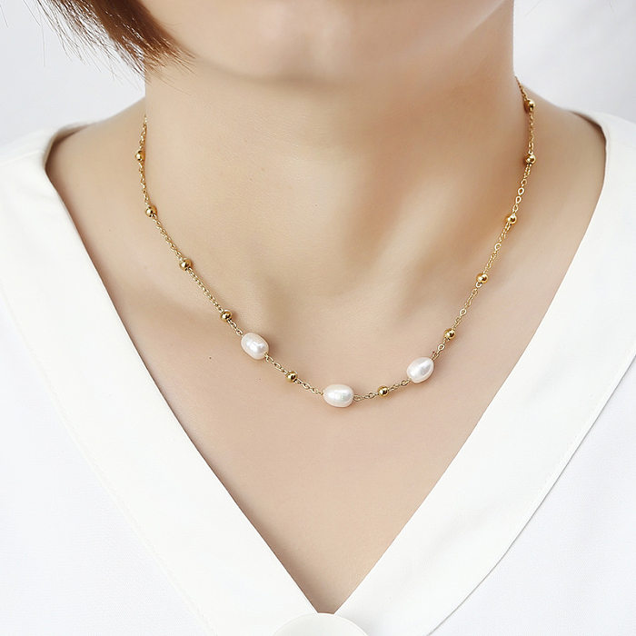 Elegant Water Droplets Stainless Steel  Freshwater Pearl Beaded Necklace