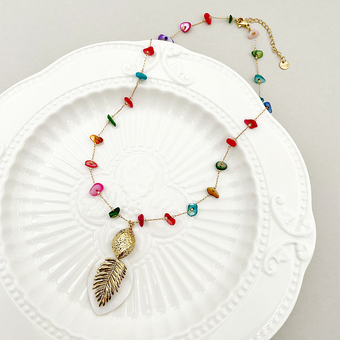 Lässige Halskette mit Blatt-Anhänger, Edelstahl-Beschichtung, Kies, vergoldet, lange Halskette