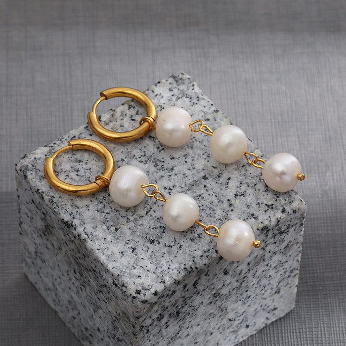 Boucles d'oreilles pendantes rondes en acier inoxydable avec perles, 1 paire