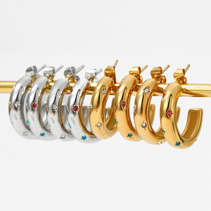 1 Paar klassische C-förmige Überzug-Inlay-Ohrringe aus Edelstahl mit künstlichen Edelsteinen