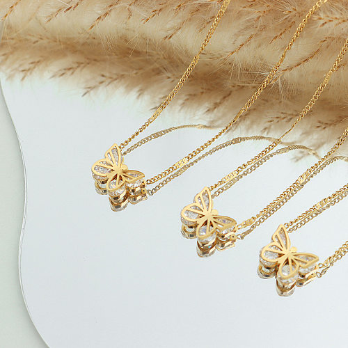 Retro-Schmetterlings-Edelstahl-Halskette mit Zirkon-Edelstahl-Halskette