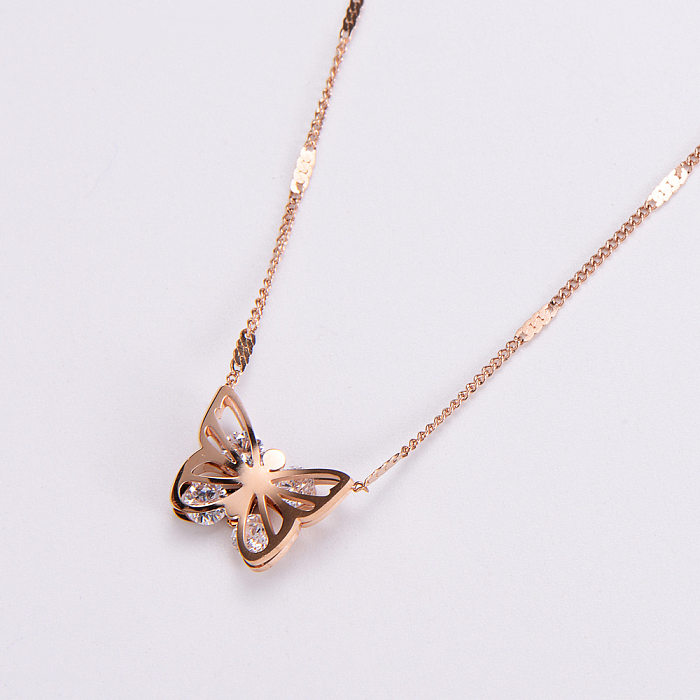 Collier avec pendentif papillon en acier inoxydable pour femmes, pendentif en strass, diamant, colliers en acier inoxydable