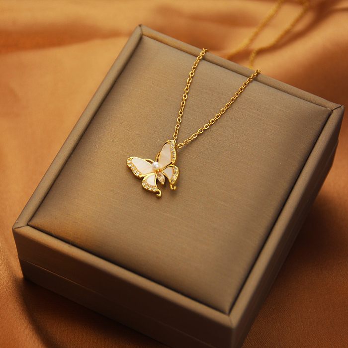 Mode coeur forme papillon acier inoxydable placage incrustation diamant artificiel pendentif collier 1 pièce