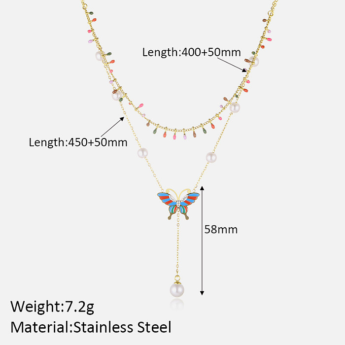 Colliers élégants à Double couche plaqués or 18 carats, incrustations de perles artificielles en acier inoxydable de couleur unie