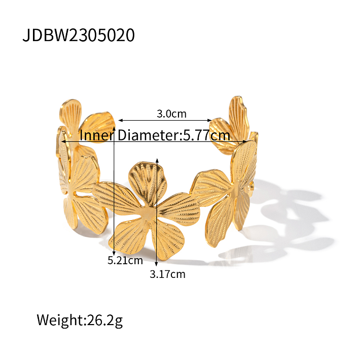 Brazalete asimétrico chapado en oro de 16 quilates de acero inoxidable con mariposas y flores de estilo vintage