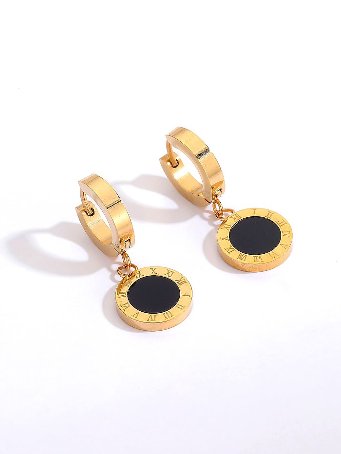 Brincos pendentes pretos com numerais romanos em ouro 18K galvanizados em aço inoxidável simples