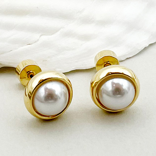 1 Pair Simple Style Round Stainless Steel  Metal Polishing Plating Inlay Pearl Gold Plated Ear Studs