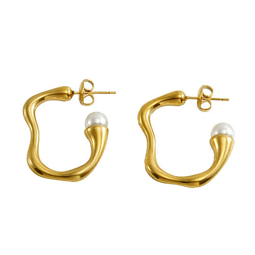 Boucles d'oreilles en acier inoxydable, couleur unie, Style Simple, incrusté de perles, 1 paire