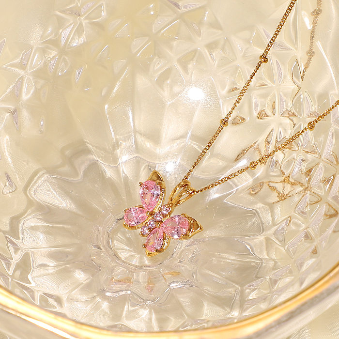 Nouveau Collier pendentif en forme de papillon en Zircon rose en acier inoxydable plaqué or 18K