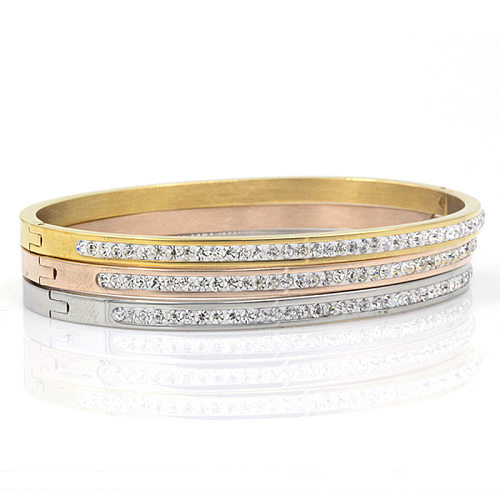 Bracelet rond en acier inoxydable, Style Simple, avec incrustation de pierres précieuses artificielles plaquées or 18 carats, vente en gros