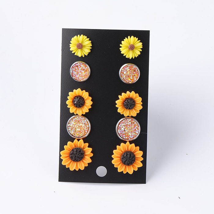 1 Set Pastoral Sunflower Round Stainless Steel  Resin Ear Studs