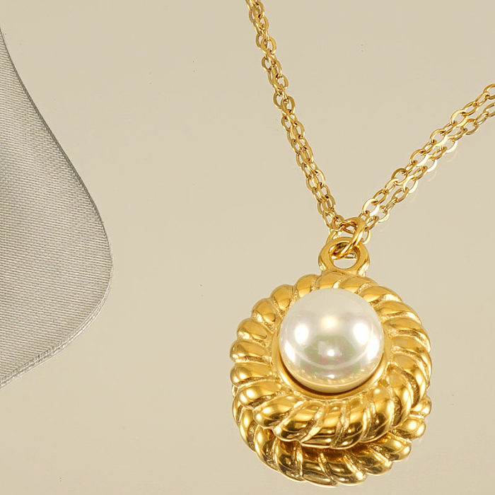 Elegante, runde Anhänger-Halskette mit Intarsienperle und 18-karätigem Goldüberzug aus Edelstahl