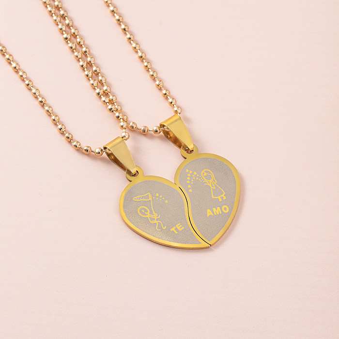 Fashion Cartoon Figures Couple Splicing Heart Stainless Steel  Necklace