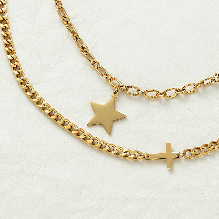 Vintage Style Cross Star Stainless Steel  Plating 18K Gold Plated Double Layer Necklaces