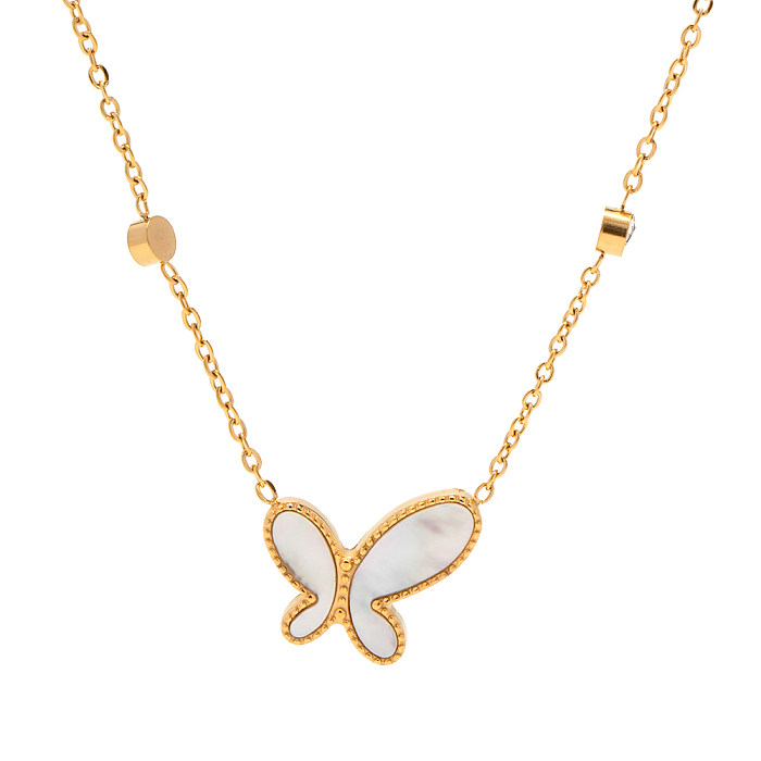 Elegant Butterfly Stainless Steel  Inlay Rhinestones Shell 18K Gold Plated Pendant Necklace