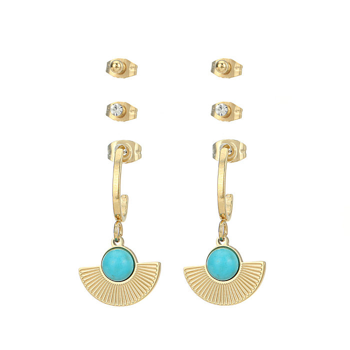 Fashion Geometric Stainless Steel  Inlay Turquoise Rhinestone Earrings Ear Studs