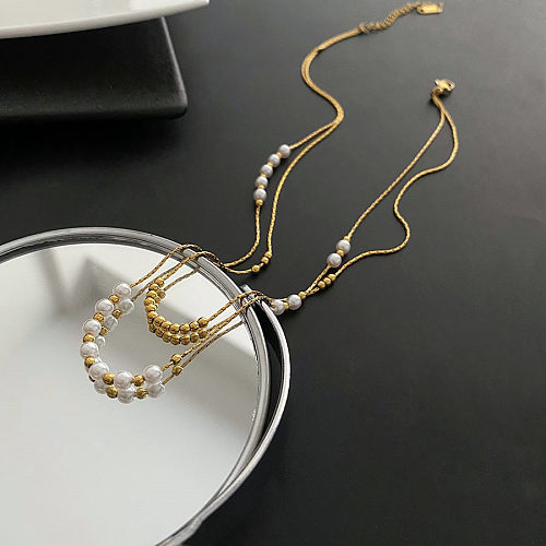 Fashion Geometric Stainless Steel Plating Artificial Pearls Layered Necklaces