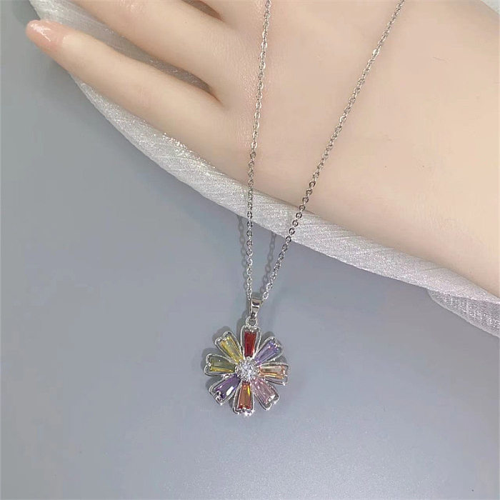 Sweet Simple Style Flower Stainless Steel Plating Inlay Zircon Pendant Necklace
